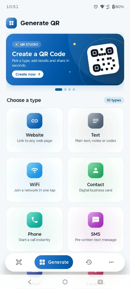 QR Code Scanner create screen with a choice of QR code types