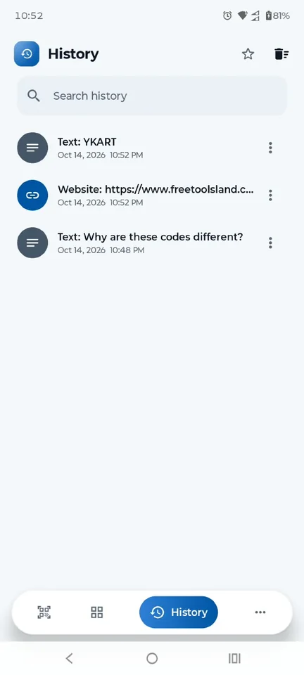App history screen with search and saved scan results