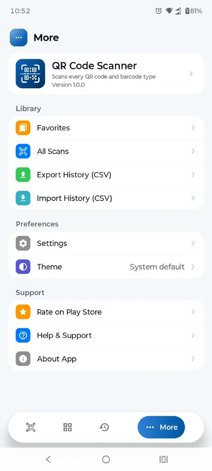 App More screen showing favorites, CSV export and import, settings, and theme