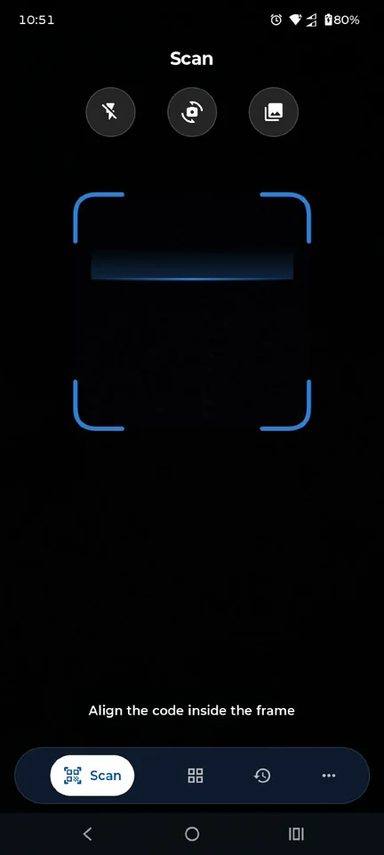QR Code Scanner camera screen with automatic scan area